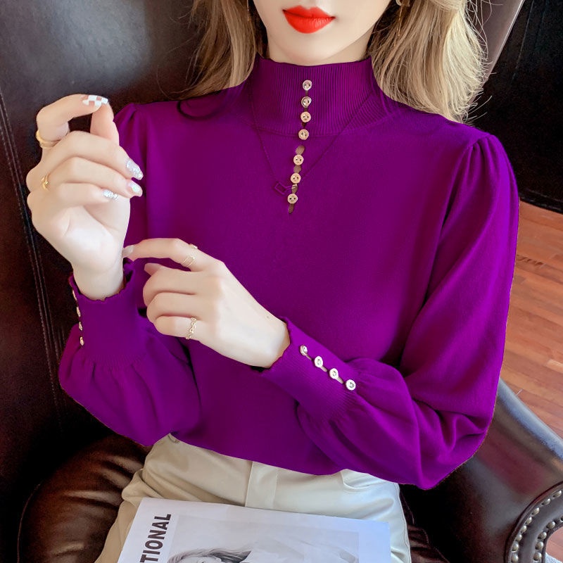 Setengah turtleneck sweater wanita 2022 musim gugur dan musim dingin baru bottoming kemeja gaya Barat lengan puff rajutan lengan panjang atas longgar di luar