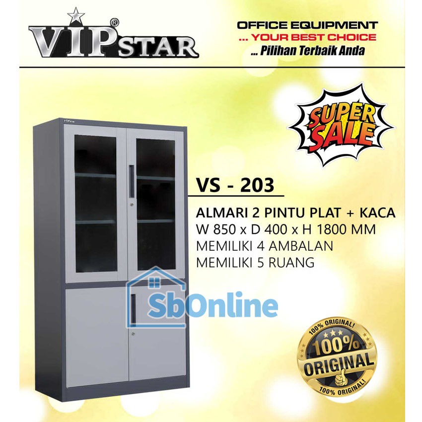 LEMARI ARSIP BESI 2 PINTU PLAT DAN KACA VIP VS 203 TEBAL KOKOH KUAT