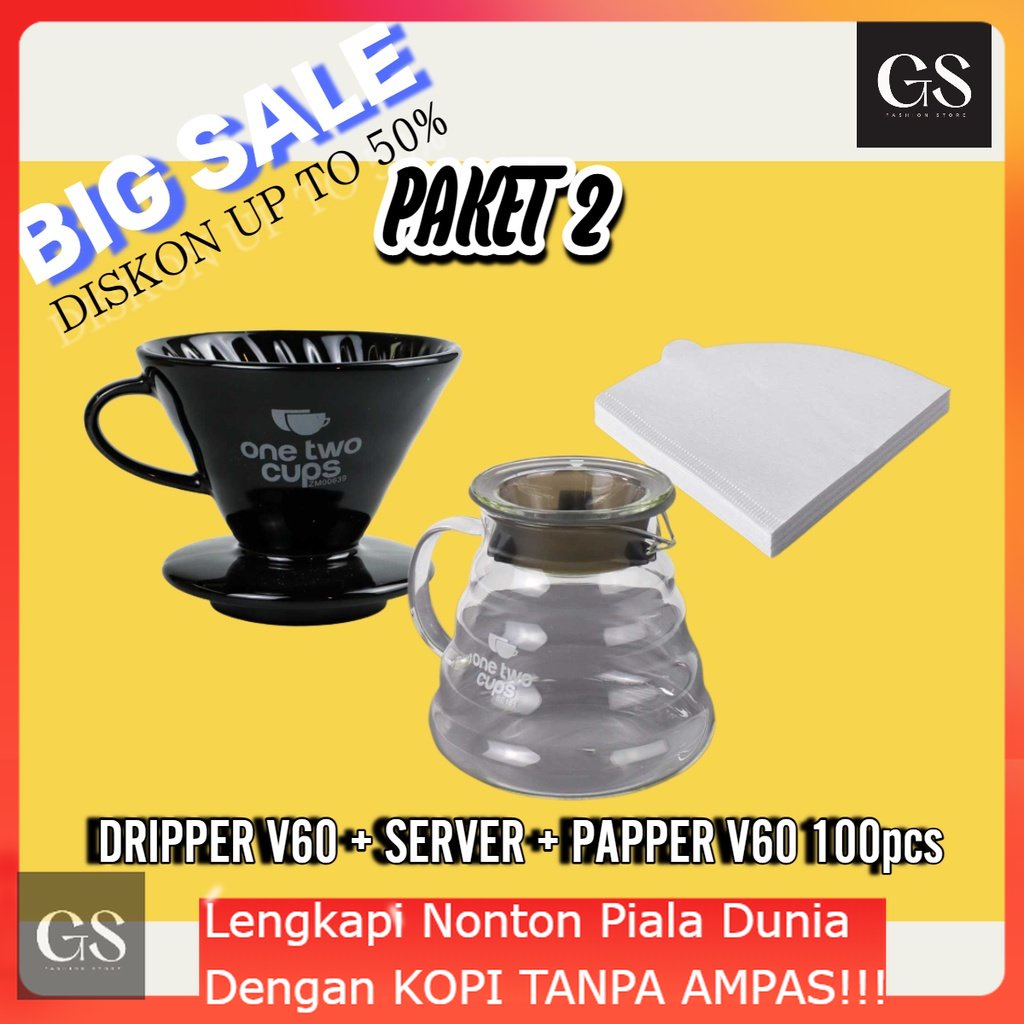 PAKET COFFEE DRIPPER V60 + SERVER + PAPPER V60 100pcs ONE TWO CUPS