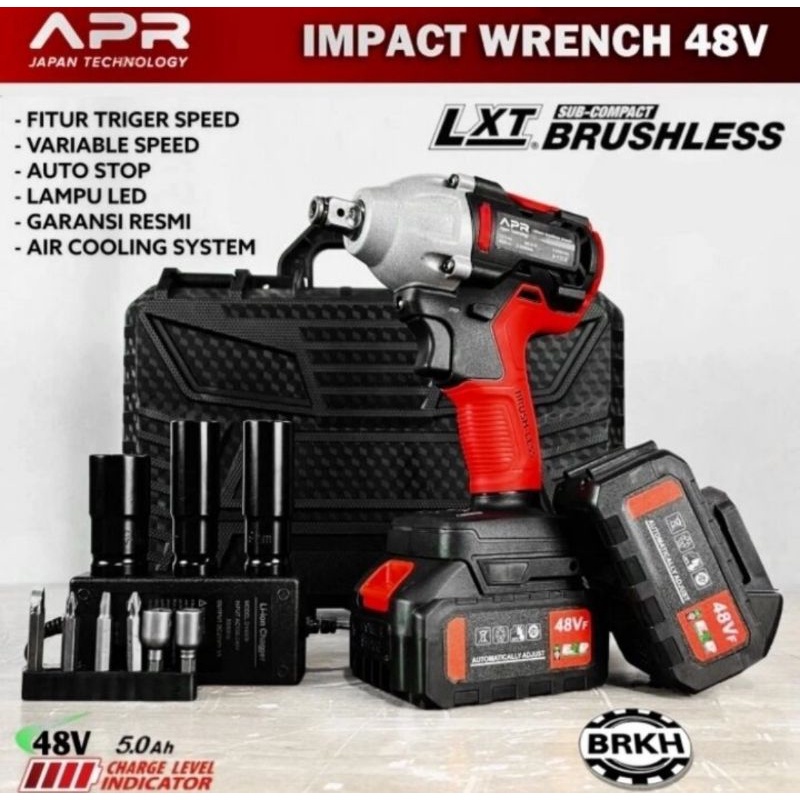 "Pembuka Baut Ban Mobil 2 Baterai type-48vf 400nm, Impact Wrench APR Mewah"