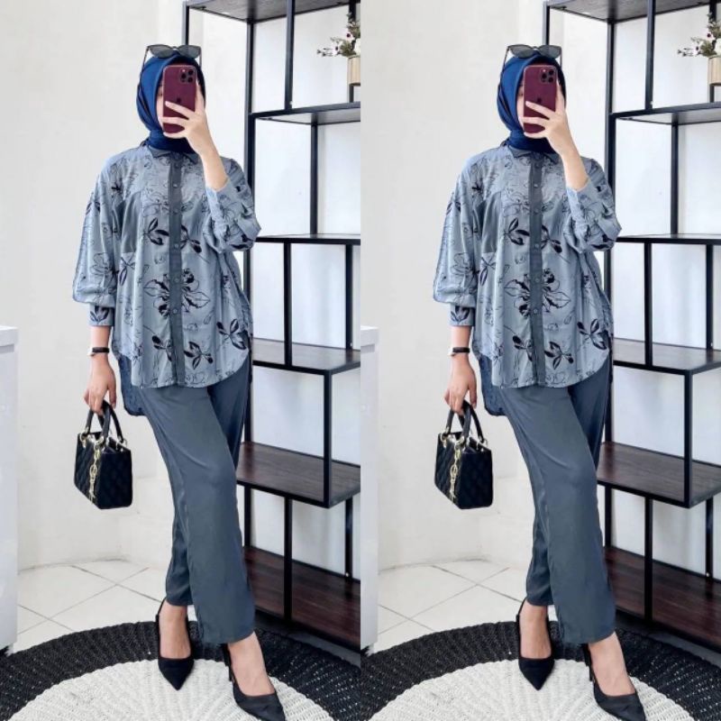 Nadine Set - One Set Wanita Kemeja Rayon Premium Setelan Baju Set Celana Panjang Kekinian LD 110 cm