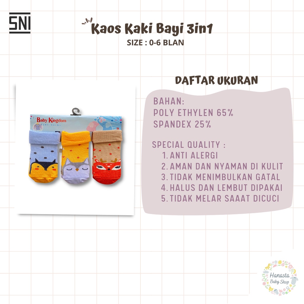 3In1 Kaos kaki bayi baru lahir Baby Kingdom / Kaos kaki bayi laki-laki perempuan 0-6 Bulan SNI Motif Lucu