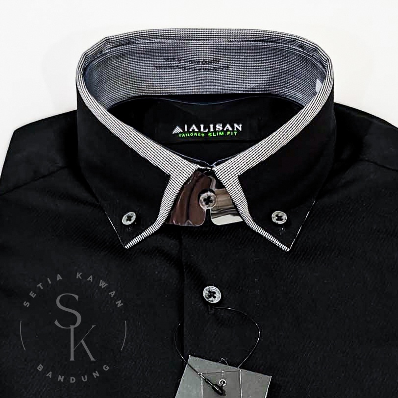 Kemeja ALISAN Spesial Doby Slim Fit Lengan Panjang ( HITAM KOMB. KERAH )