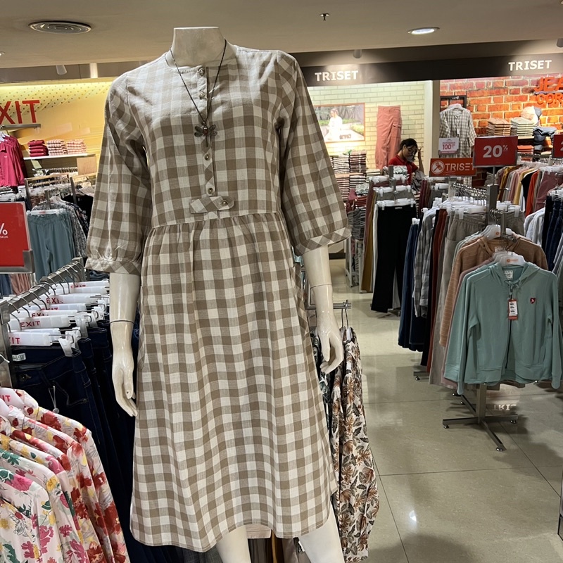Triset midi dress wanita motif salur dan kotak-kotak  S-XL
