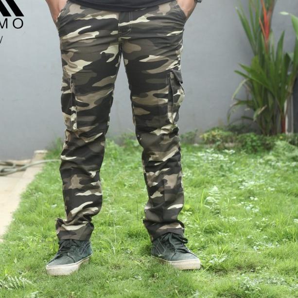 Celana Panjang Cargo Kargo Loreng Camo Army Pria Cowok Original Malmo - Loreng Abu, S