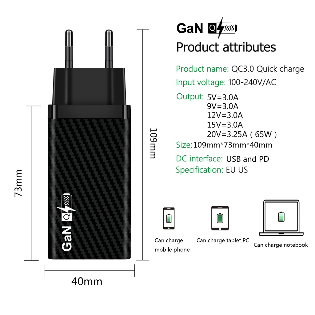 65w GaN Charger USB Tipe C QC3.0 PD Untuk Iphone 14 13 Pro Max Android