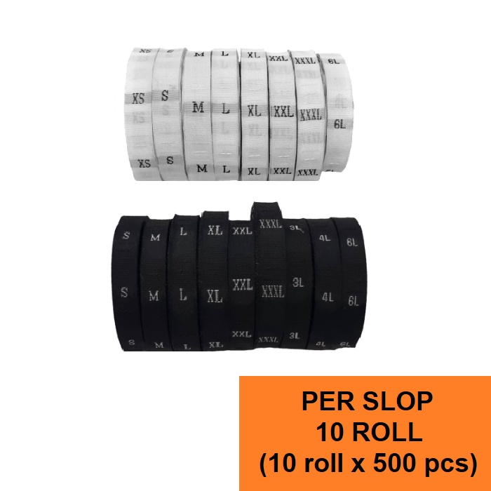 Label Size Bordir Woven Per Slop (10 roll) Hitam Putih Label Size Huruf Ukuran Pakaian Jahit