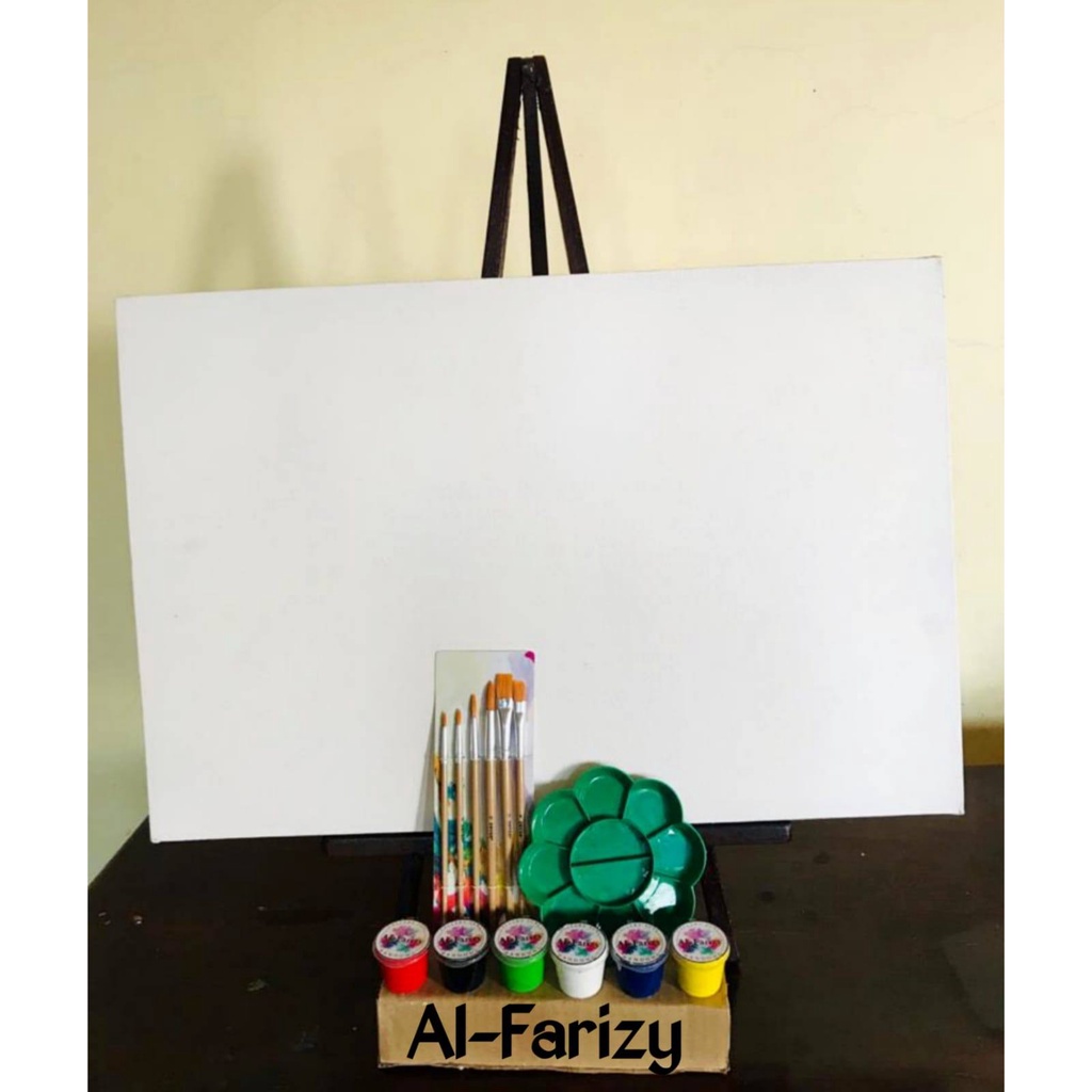 paket Kanvas lukis putih ukuran 60x80 cm set cat akrilik 6 warna kuas lukis palet