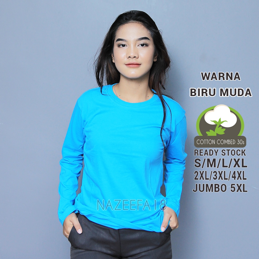 TERBAIK Pabrik Kaos Polos Wanita Lengan Panjang Bahan Katun Combed 30s Lembut Adem Biru Muda