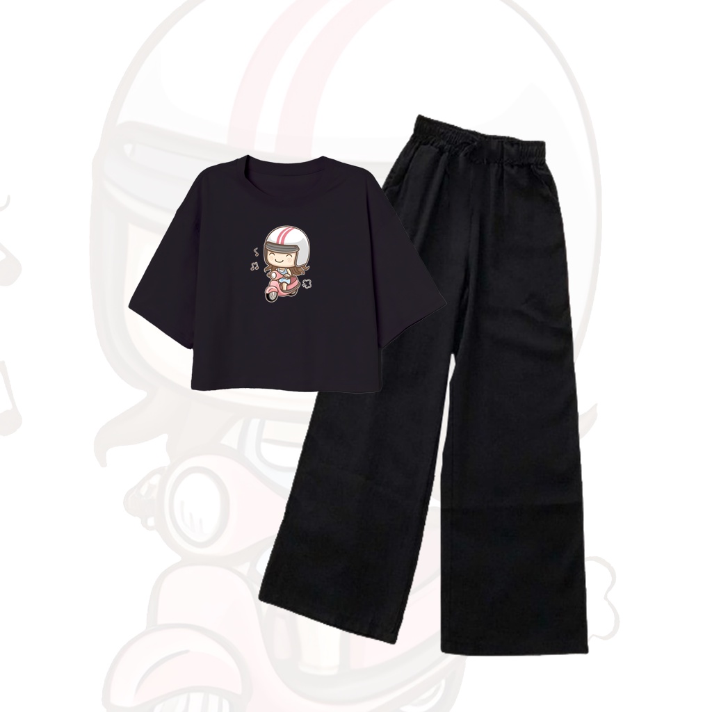 CLSTORE Set Baju Remaja Kaos Crop Celana Kulot Hitam SCOOTER GIRL