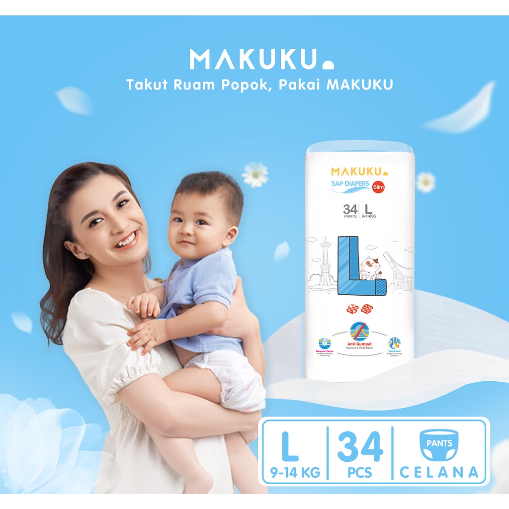 [BabyFriendly] MAKUKU Air Diapers Slim Pants L34 / Popok bayi Tipis SAP anti gumpal cepat kering sekali pakai tipe celana ukuran L isi 34pcs