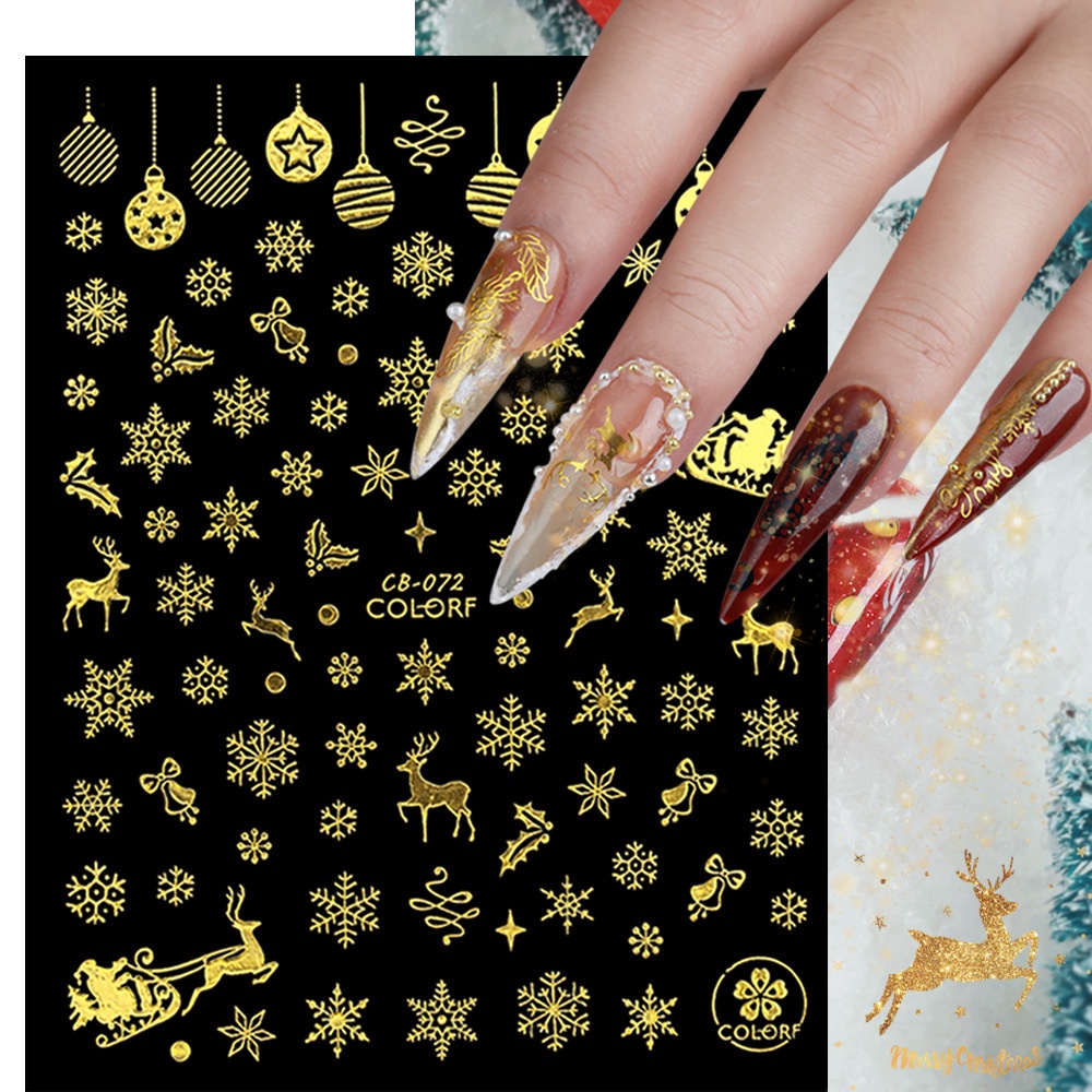 Patch Stiker Kuku Kaki Desain Santa Claus Elk Snowflake 3D Holografik Warna Emas Untuk Dekorasi Natal