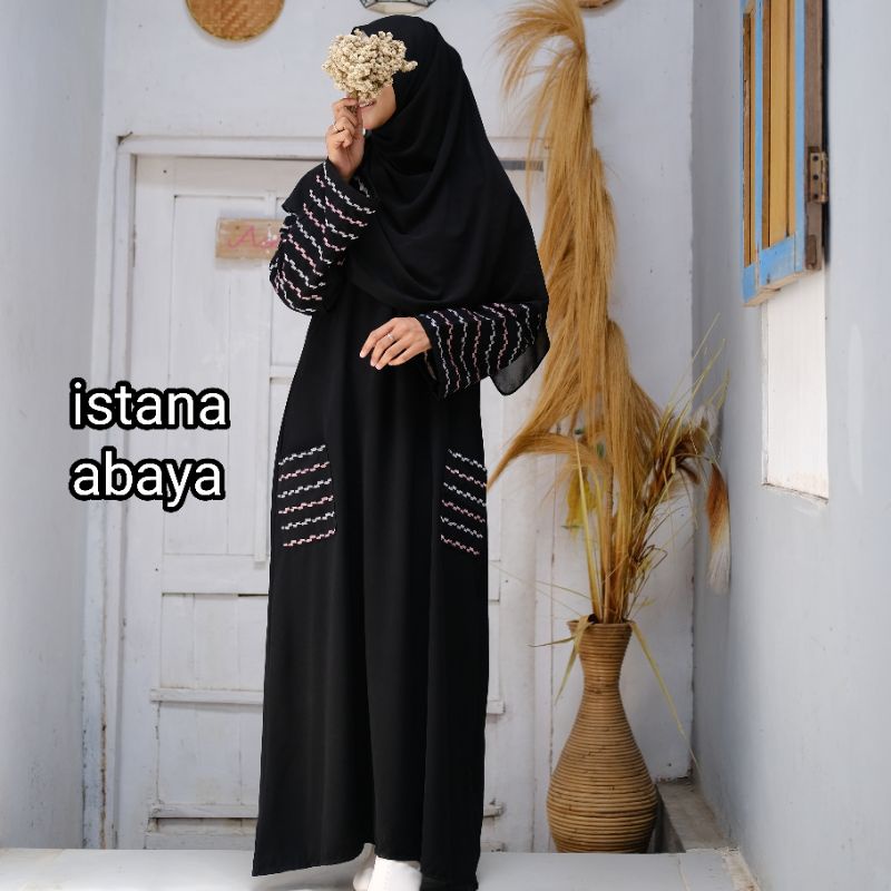 abaya saku Turki Full bordir tangan di padu kain hitam Jet black ditambah dobel kantong depan cantik