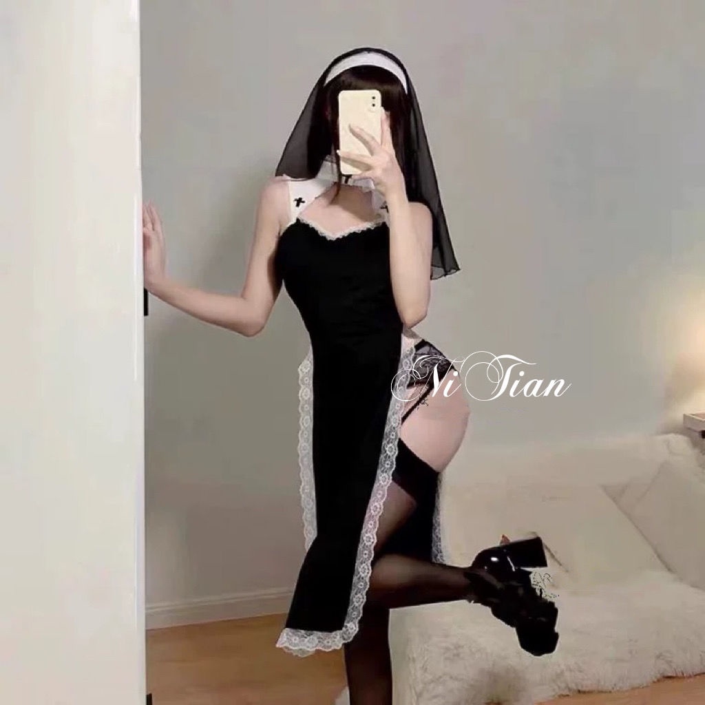 Anda manis: Sexy cross-dressing cos biarawati seragam gaun renda celah tinggi berongga gaun jangkar backless