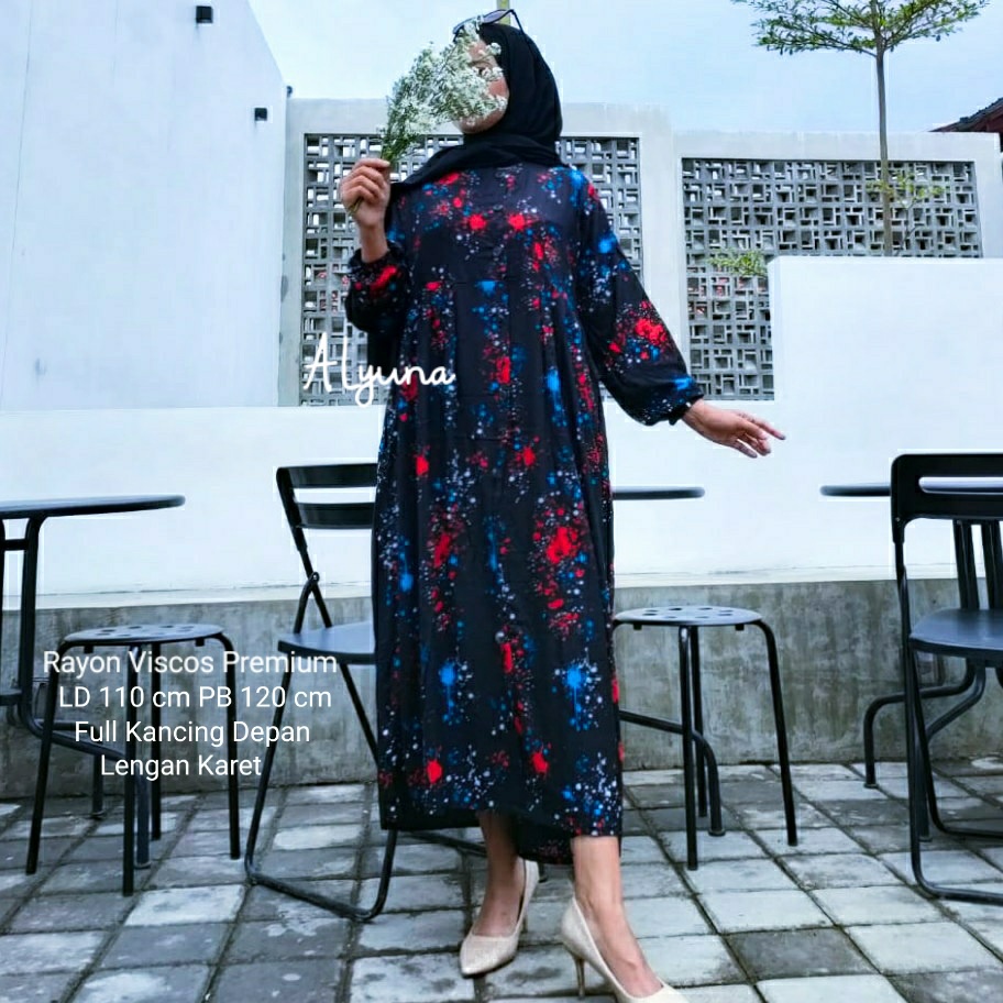 Midi Dress Rayon Premium Motif Kekinian Terbaru Busui Lengan Panjang Murah