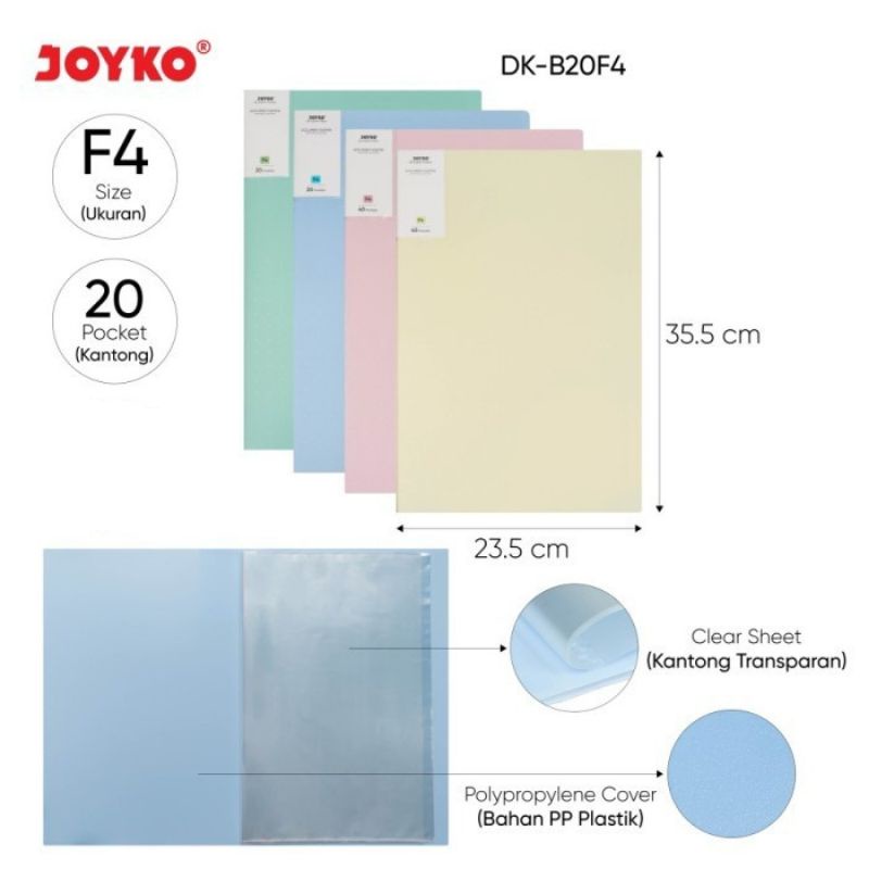

JOYKO Pocket Clear Holder F4 20 Pastel, Document Keeper, Map Folder File Folio DK B20 F4