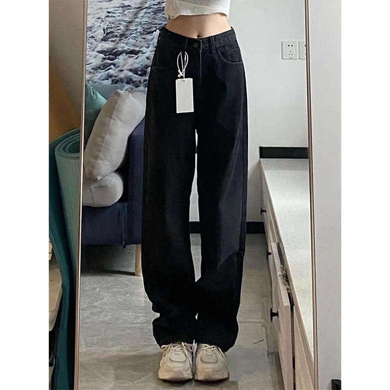 Hitam Jeans Highwaist Straight Loose Celana Jeans Wanita Import (realpict)