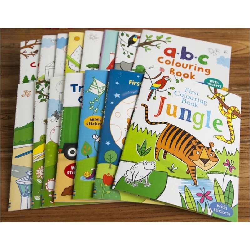 Usborne Colouring Book Sticker Book Buku Mewarnai Import Jungle ABC Colours Dino Dressed Airport Ani