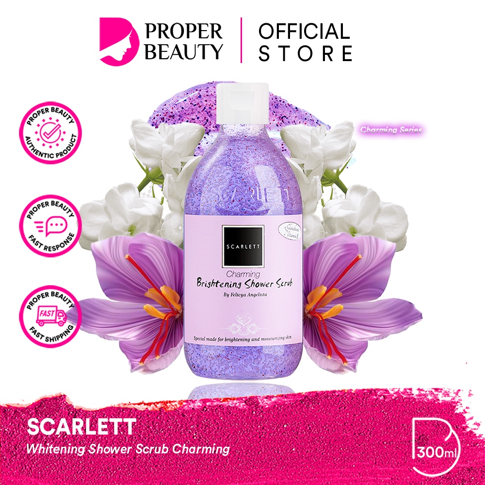 SCARLETT Whitening Brightening Shower Scrub Charming Indonesia / 300ml / By Felicya Angelista / Special Made For Brightening And Moisturizing Skin / Glutathione Vitamin E / Body Care / Perawatan Kulit Tubuh / Sabun Mandi / Treatment Skincare Series Paket