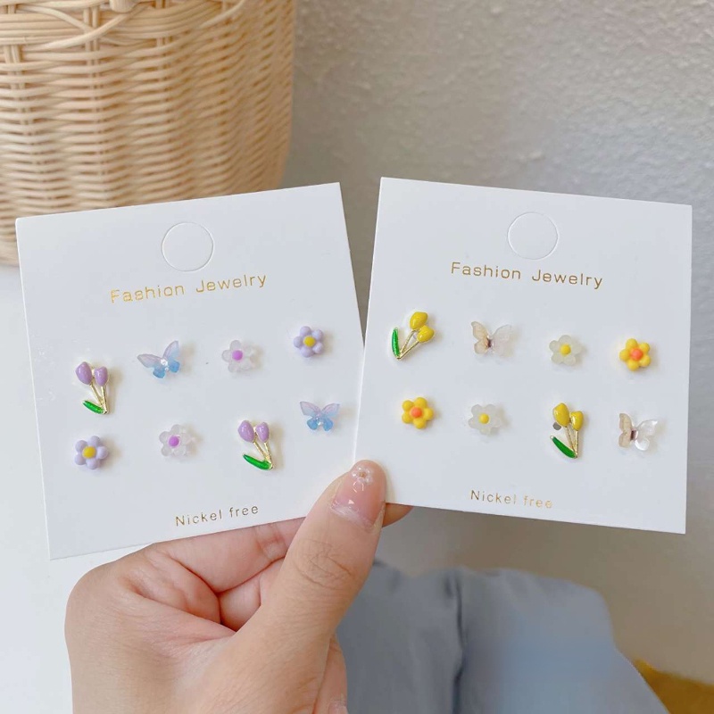 8 Pasang / Set Anting Stud Bentuk Bunga Tulip Kupu-Kupu Warna-Warni Gaya Simple Untuk Wanita