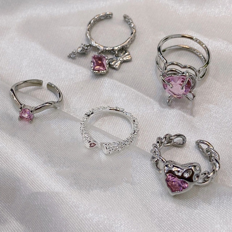 Cincin Model Terbuka Bahan Alloy Desain Hati Hias Mutiaraberlian Imitasizircon Pink Untuk Wanita