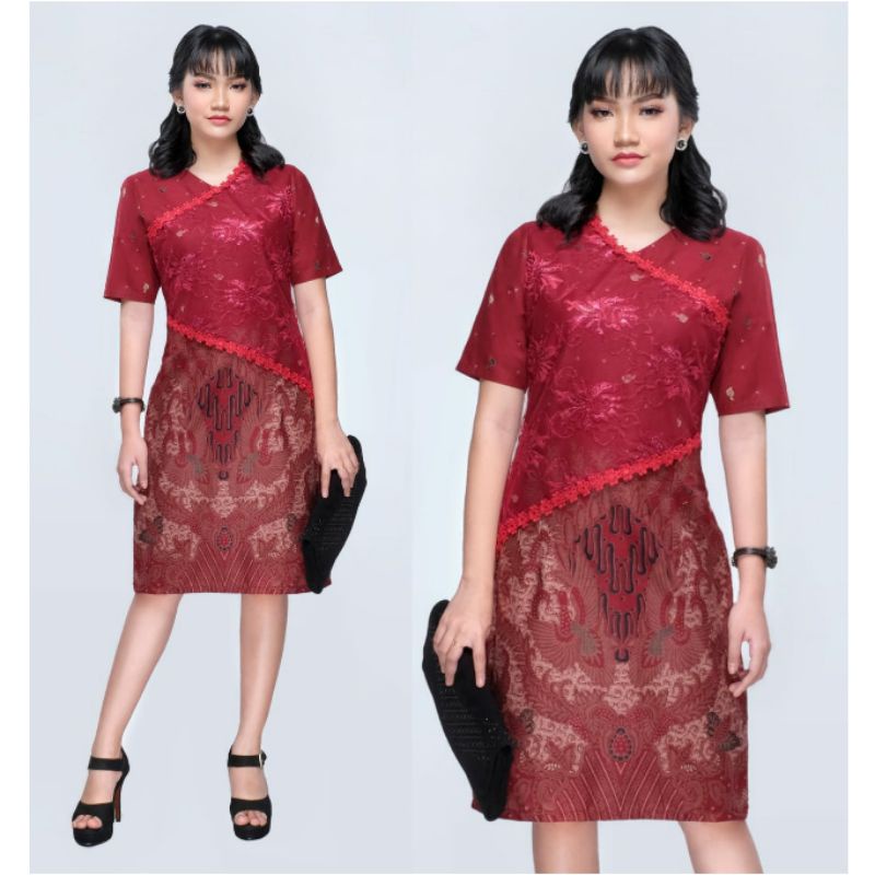 Dress Batik Wanita Jumbo 4L-5L Dress Big Size Kombinasi Brokat Modern XXXL Seragam Batik Couple LR