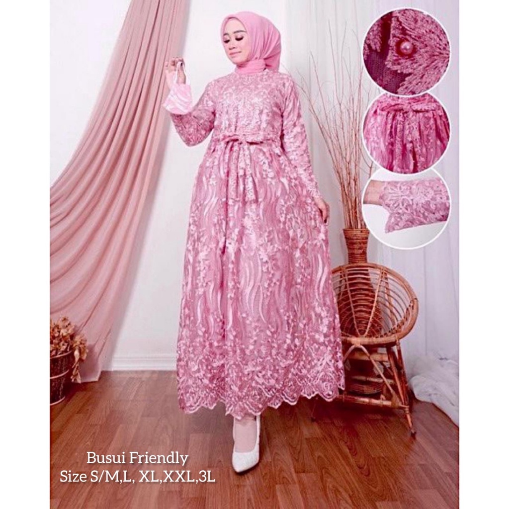 Lesya (New Product)Maxi Dress Brukat Tile Premium Full Depan Belakang /Gamis Pesta Kondangan/Free Masker+Tali Obi / Sleting Depan Busui  Friendly/Seragam Bridesmaid Brokat Mewah