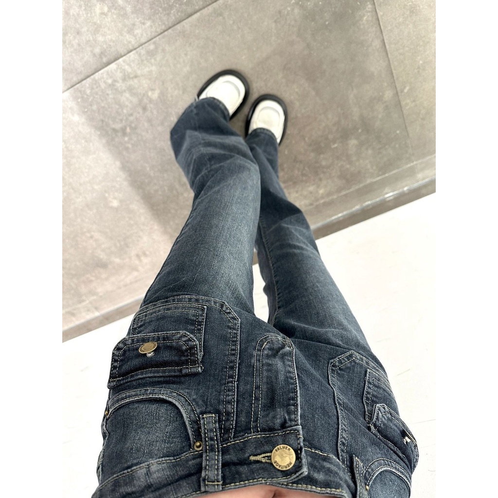 Suhao retro biru berpinggang tinggi berkobar celana 2022 musim gugur dan musim dingin gaya baru bootcut jeans wanita stretch slim slim mengepel celana
