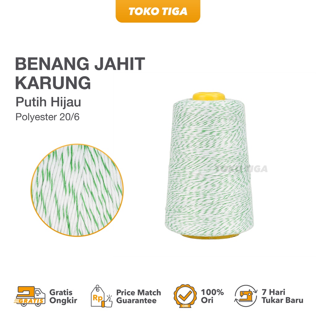 Benang Jahit Karung Polyester 20/6 Putih Hijau - Best Quality