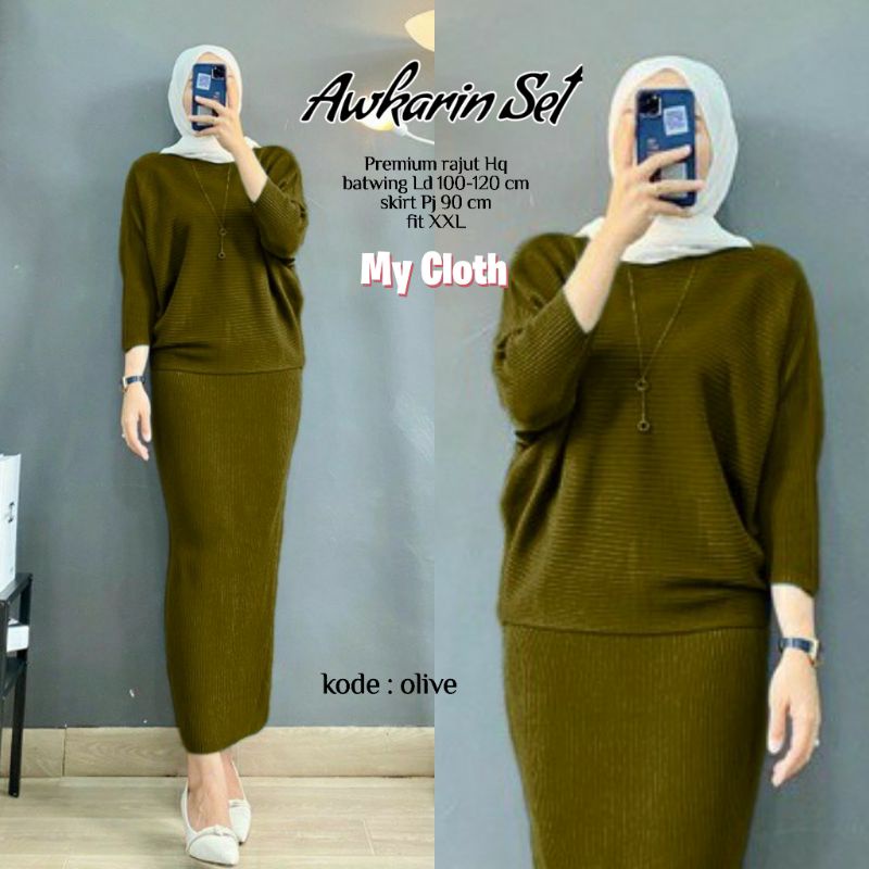 AWKARIN SET BAHAN RAJUT ROK SPAN DAN ATASAN BATWING SETELAN RAJUT WANITA ORI BY MY CLOTH