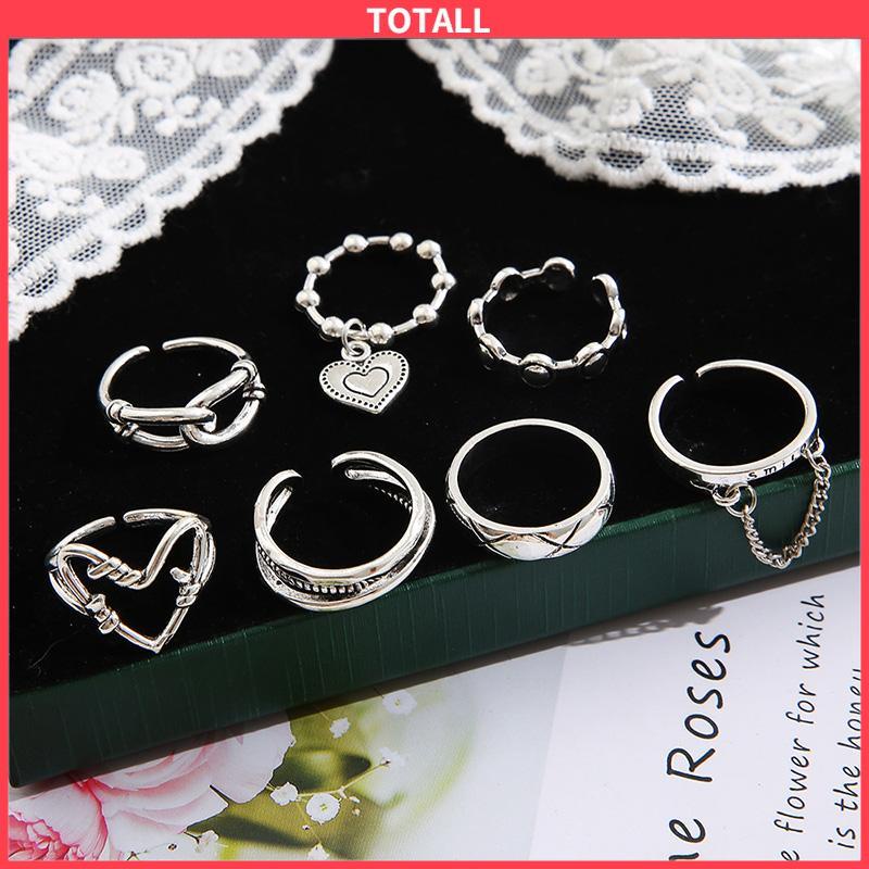 COD 7Pcs/Set Perhiasan Cincin Rantai Cinta Fashion Korea Vintage Adjustable Gaya Untuk Wanita-Totall