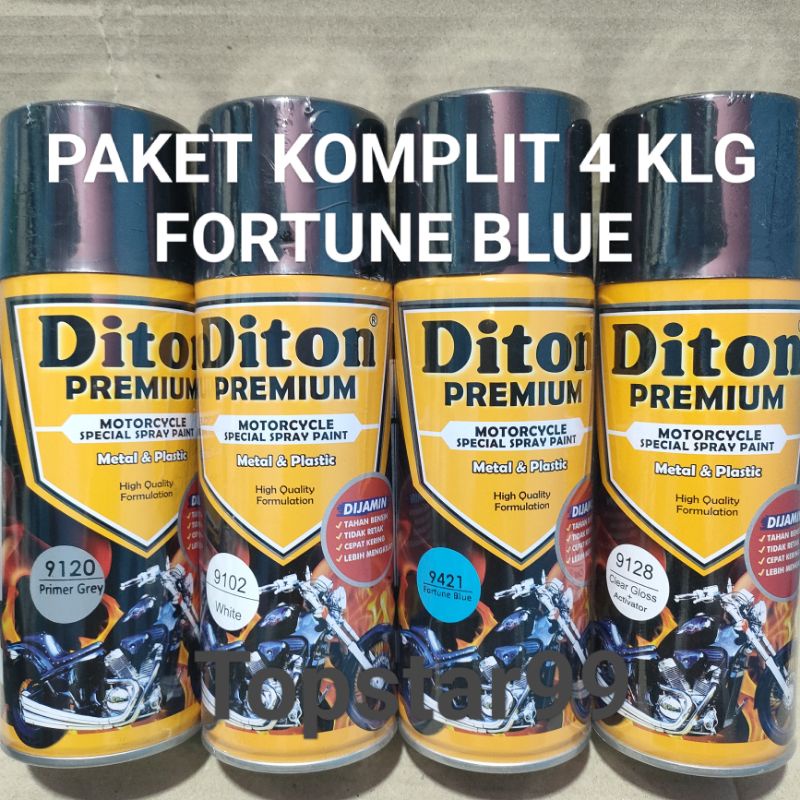 Pilok Cat Diton Premium Paket Komplit 4 Kaleng Fortune Blue Biru 9421 Primer Grey 9120 White 9102 Clear Gloss 9128 400cc Pilox Paketan Cat Semprot Special Spray Paint