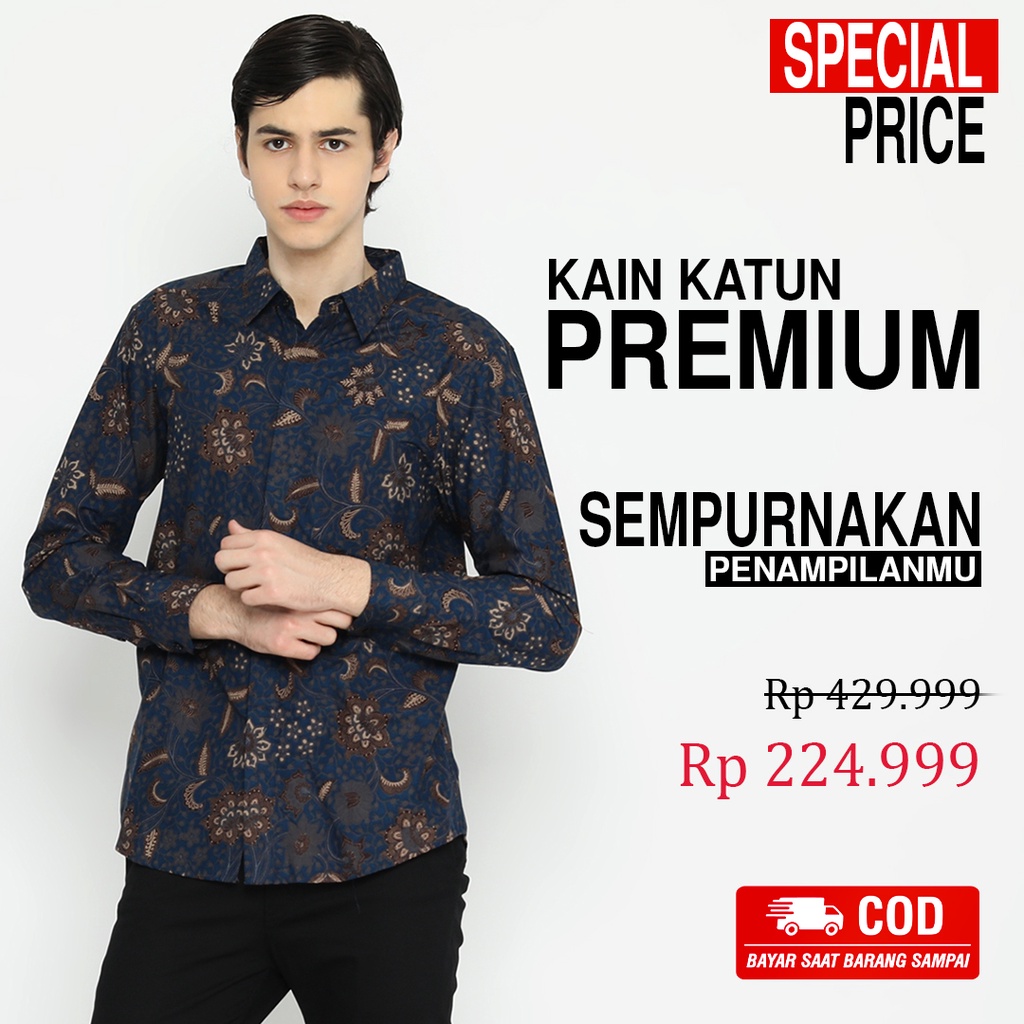 KEMEJA BATIK PRIA Lengan Panjang Slimfit Premium Motif Bunga Biru Tua Dark Blue 722972 Cap 72 - Baju Kemeja Atasan Pakaian Setelan Batik Pria Cowok Laki Laki Remaja Keluarga Kantor Lengan Panjang Modern Slimfit Slim Fit Premium Kekinian