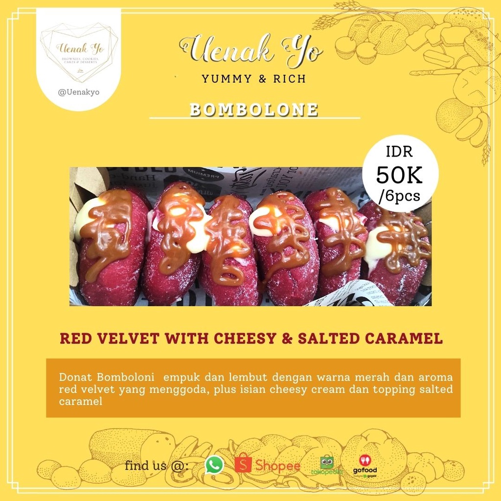 

uenakyo red velvet bomboloni with cheesy cream & salted caramel doughnut donut kue roti donat HOMEMADE