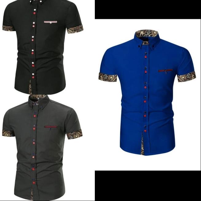 (Asgard) Kemeja Pria Cowok Lengan Pendek Kombinasi Batik/Hem Cowok - Cream, Standart