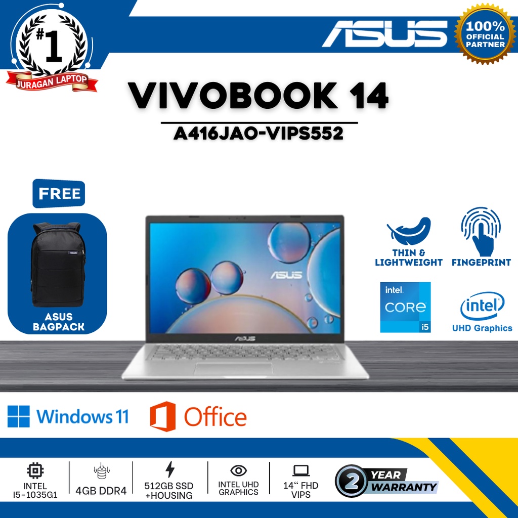 LAPTOP ASUS VIVOBOOK 14 A416JAO-VIPS552 | I5-1035G1 4GB 512GB UHD W11+OHS21