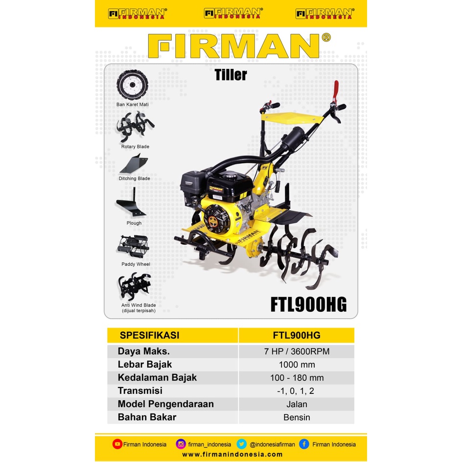 Mesin Traktor Mini Cultivator FIRMAN FTL900HG / Mesin Traktor Bajak Sawah Mini Basah Kering - Tiller Cultivator FTL 900 HG