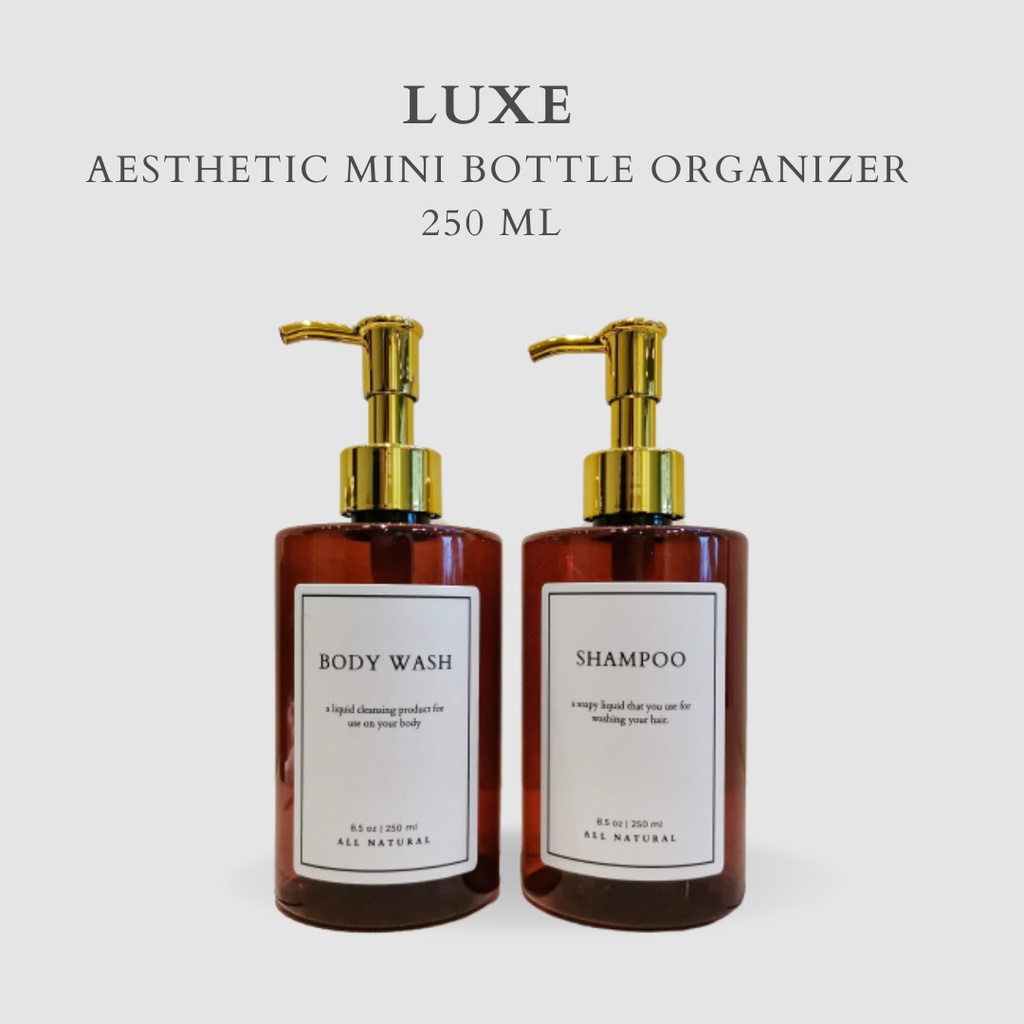 LUXE Botol MINI AMBER Label KOTAK PUTIH 250 ml Aesthetic Bottle Refill | Botol refill sabun /botol refill sabun/ botol isi ulang/botol sabun refill/botol sabun/botol pump/botol anak/bathroom organizer/bathroom amenities