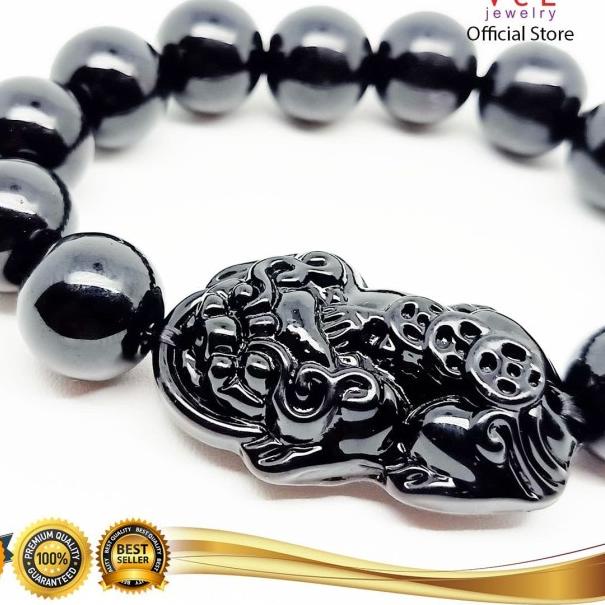 Gelang Batu Giok Hitam Black Jade Cina Asli 13mm Bandul Pixiu - VeE