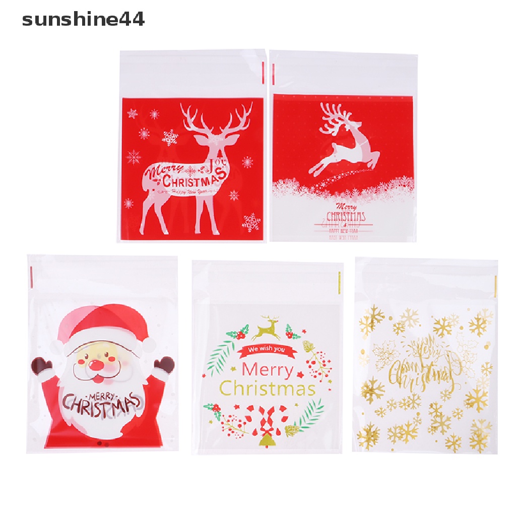 Sunshine 100Pcs Kantong Plastik Permen / Kue Motif Santa Claus / Kepingan Salju Diy