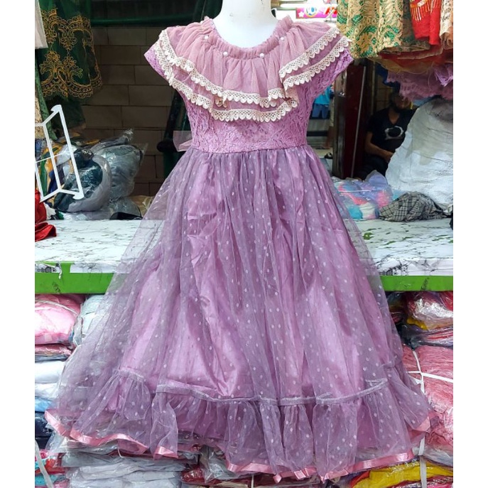 Gaun anak renda double putih tile dot