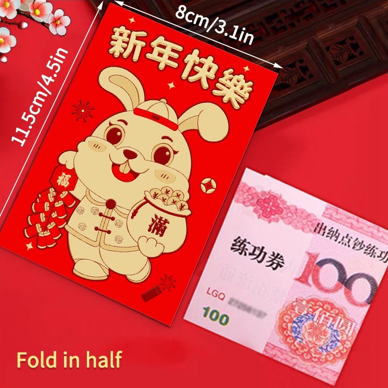 6 Pcs / Set 2023 Amplop Angpao Tahun Baru Cina / Imlek Motif Kartun Kelinci Warna Merah Untuk Anak