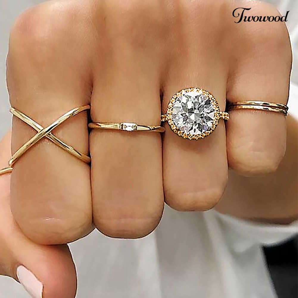 5pcs / Set Cincin Jari Cubic Zirconia Bentuk Bulat Silang Untuk Wanita