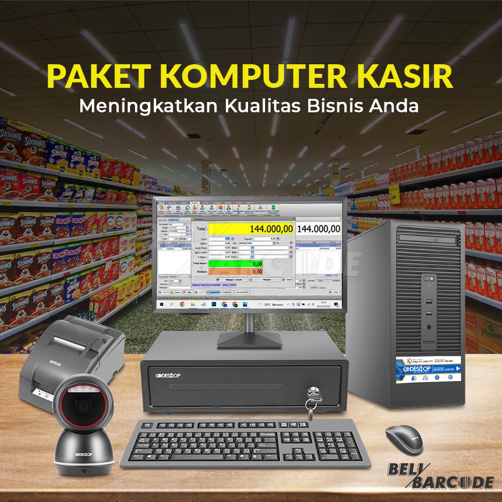 Komputer Kasir Full Paket IPOS 5 PRO Scanner CD680 Printer TMU220D Cash Drawer CK415