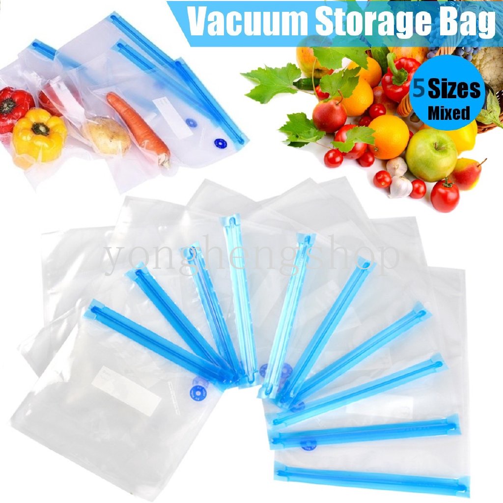 5pcs / set Kantong Plastik Vacuum Penyimpanan Makanan Tetap Segar Reusable Dengan Ziplock Untuk Kulkas