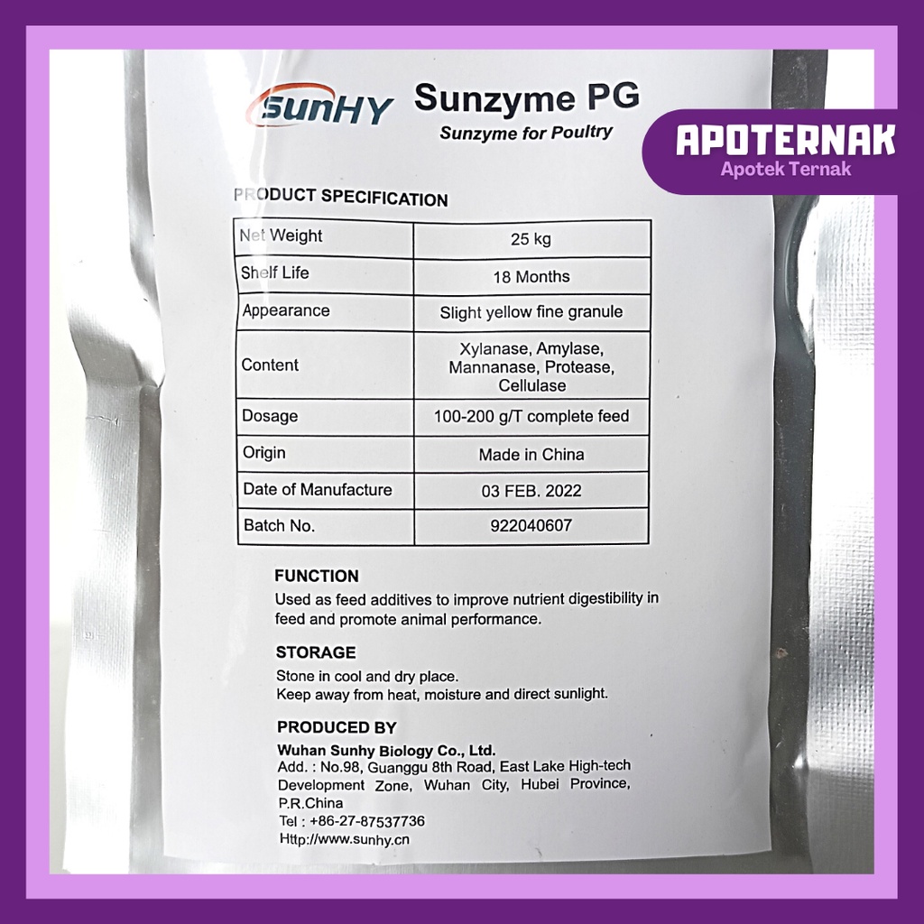 SUNZYME PG 100gr | Enzim Untuk Meningkatkan Berat Badan, Produksi Telur dan Kesehatan Ternak Unggas | SunHY