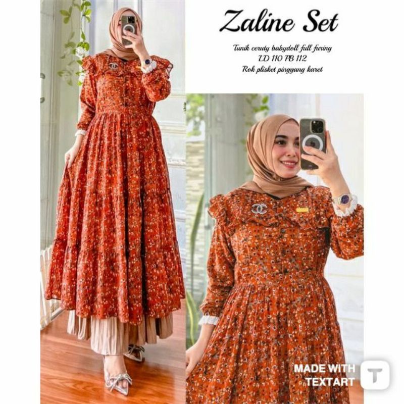 ZALINE SET SETELAN. TUNIK CERUTY PLISKET MOTIF BUNGA