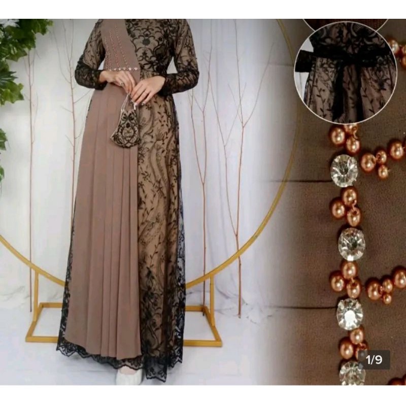 Gamis brokat tile remaja dewasa mewah / dress panjang kondangan plus selendang