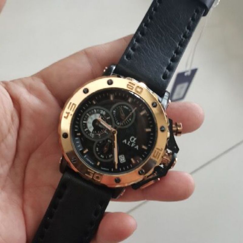 Alfa Cronograp 33019 Jam Tangan Kasual pria Murah Tali Kulit Anti Air Quartz Original