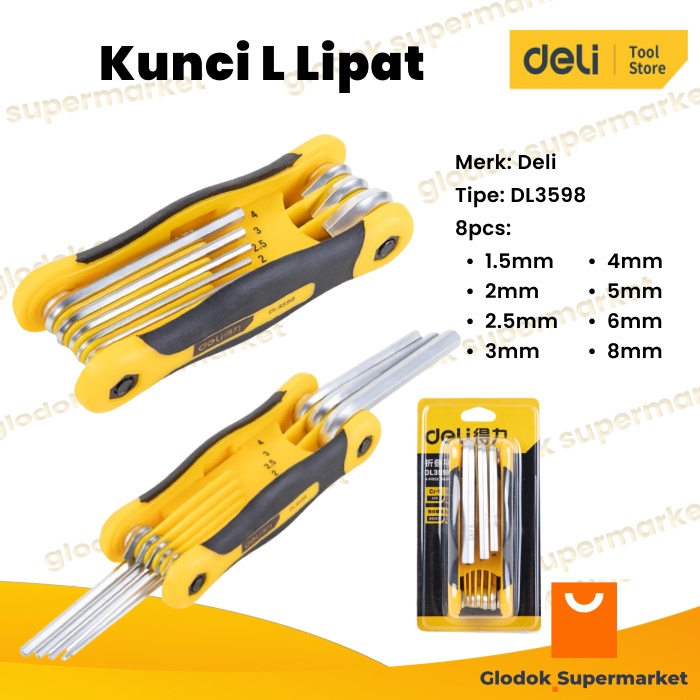 Kunci L Lipat 1.5-8mm 8pcs Hex Key CR-V Deli DL3598